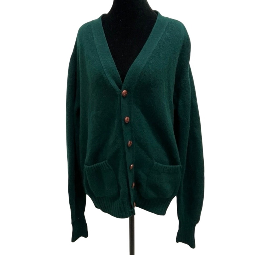 Vintage L.L. Bean Camel Hair Lambswool Cardigan XL Tall Green Elbow Patches USA